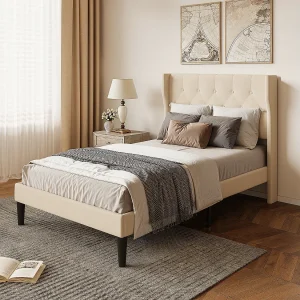 Bealife 120 x 200 cm enkelbed, bedframe, beukenlattenbodem, 20 cm opbergruimte, beige Bealife 120 x 200 cm enkelbed, bedframe, beukenlattenbodem, 20 cm opbergruimte, beige