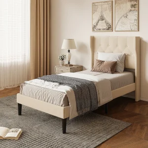 Bealife 90 x 200 cm enkelbed, bedframe, beukenlattenbodem, 20 cm opbergruimte, beige Bealife 90 x 200 cm enkelbed, bedframe, beukenlattenbodem, 20 cm opbergruimte, beige