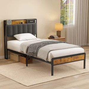 Bealife 90 x 200 cm metalen enkelbed met bekapte linnen hoofdkussen voor opbergen, lattenbodem, geschikt voor kinderen en adolescenten, zwart en donkergrijs Bealife 90 x 200 cm metalen enkelbed met bekapte linnen hoofdkussen voor opbergen, lattenbodem, geschikt voor kinderen en adolescenten, zwart en donkergrijs