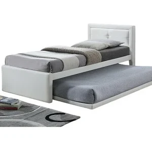 Bed met onderschuifbed RODAN – 90×200 cm – Wit kunstleer – Inclusief lattenbodem – Moderne stijl Bed met onderschuifbed RODAN – 90×200 cm – Wit kunstleer – Inclusief lattenbodem – Moderne stijl