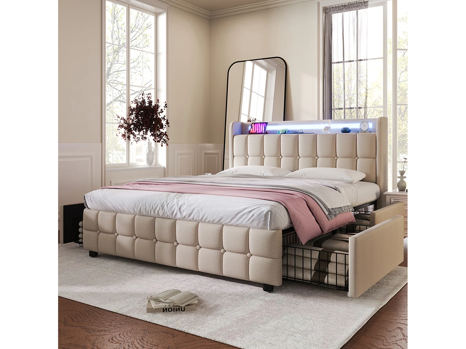 Bed 160x200cm met lades, Gestoffeerd tweepersoonsbed met opbergruimte, LED-verlichting, Beige