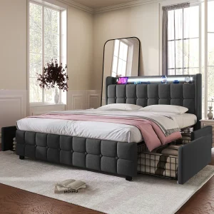 Bed 160x200cm met lades, Gestoffeerd tweepersoonsbed met opbergruimte, LED-verlichting, Grijs Bed 160x200cm met lades, Gestoffeerd tweepersoonsbed met opbergruimte, LED-verlichting, Grijs