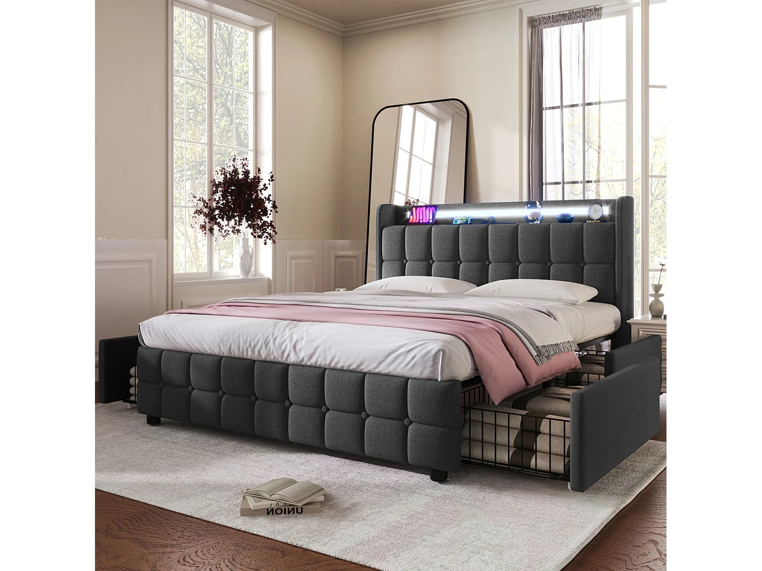 Bed 160x200cm met lades, Gestoffeerd tweepersoonsbed met opbergruimte, LED-verlichting, Grijs