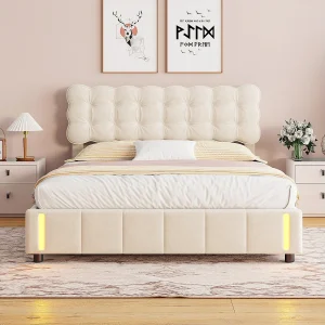 Bed 140 x 200 met onderstel, tweepersoonsbed gestoffeerd met hydraulische hendel, LED-verlichting aan het voeteneinde van het bed, fluweel, Beige Bed 140 x 200 met onderstel, tweepersoonsbed gestoffeerd met hydraulische hendel, LED-verlichting aan het voeteneinde van het bed, fluweel, Beige