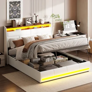 Bed 140×200 cm, Gestoffeerd bed met LED-verlichting, Gestoffeerd bed met lattenbodem en bedstee, Hydraulische functie logeerbed, voor volwassenen, PU, Wit Bed 140×200 cm, Gestoffeerd bed met LED-verlichting, Gestoffeerd bed met lattenbodem en bedstee, Hydraulische functie logeerbed, voor volwassenen, PU, Wit