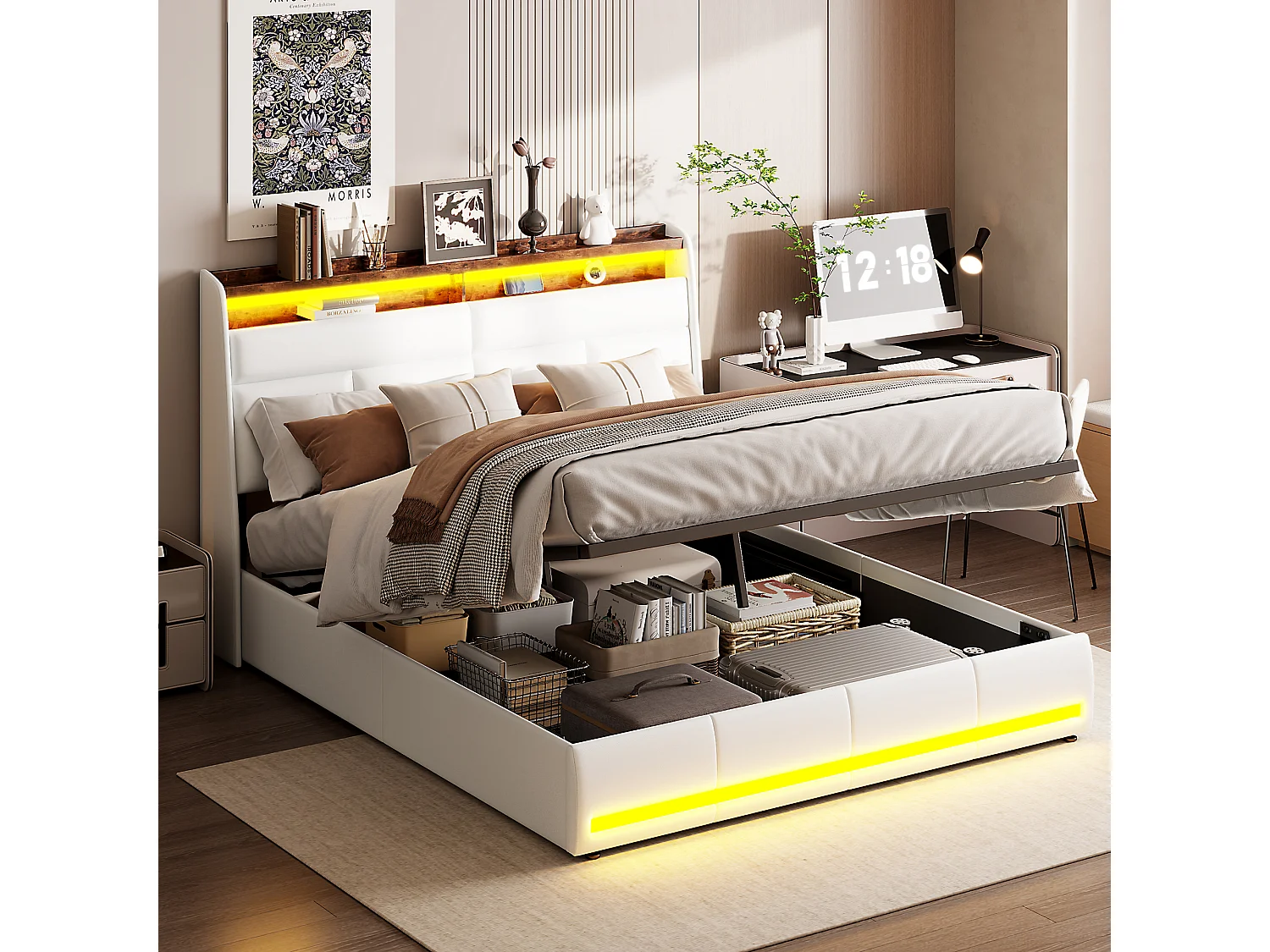 Bed 140x200 cm, Gestoffeerd bed met LED-verlichting, Gestoffeerd bed met lattenbodem en bedstee, Hydraulische functie logeerbed, voor volwassenen, PU, Wit