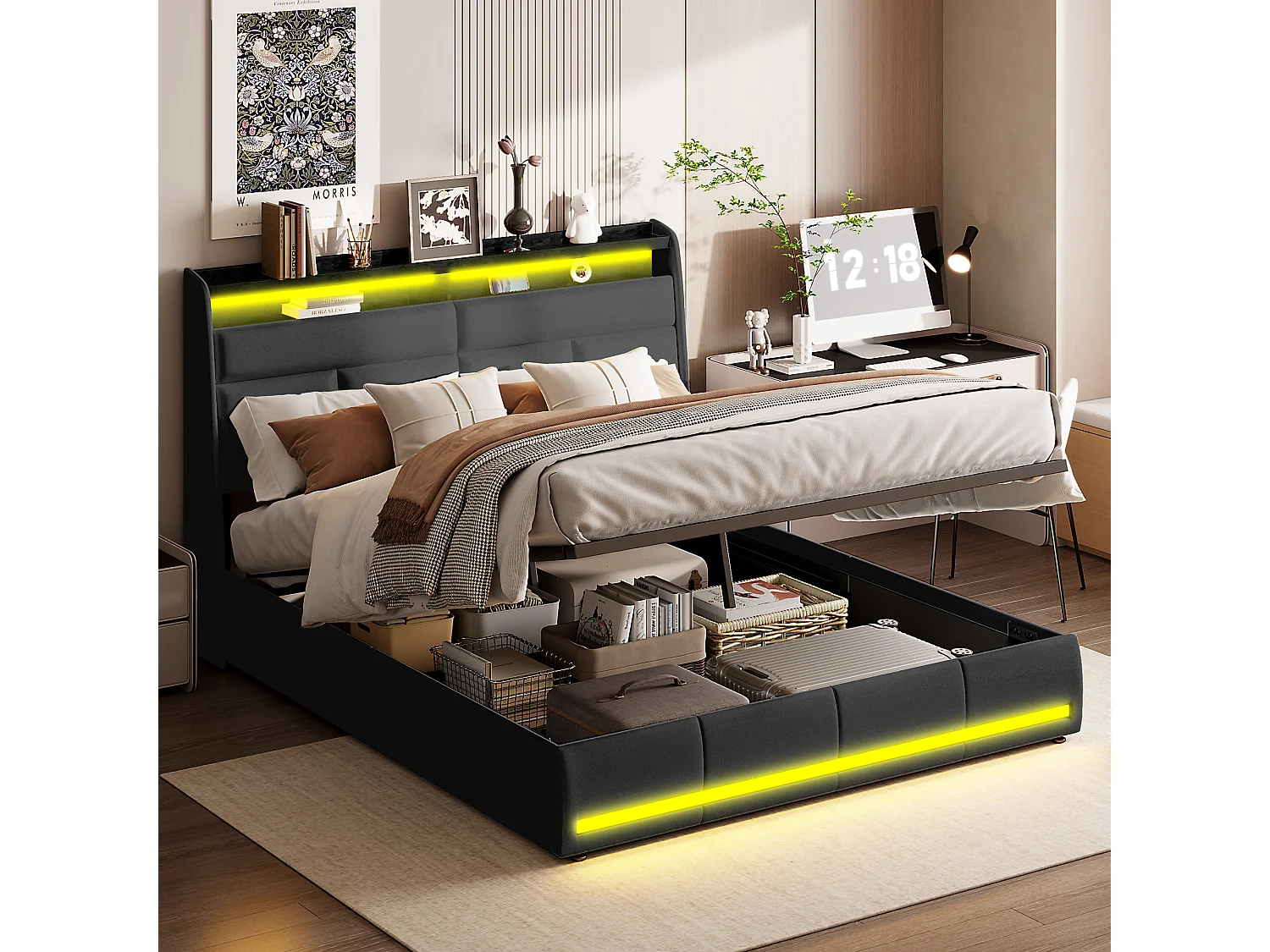 Bed 160x200 cm, Gestoffeerd bed met LED-verlichting, Gestoffeerd bed met lattenbodem en bedstee, Hydraulische functie logeerbed, voor volwassenen, PU, Zwart