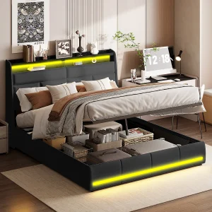 Bed 140×200 cm, Gestoffeerd bed met LED-verlichting, Gestoffeerd bed met lattenbodem en bedstee, Hydraulische functie logeerbed, voor volwassenen, PU, Zwart Bed 140×200 cm, Gestoffeerd bed met LED-verlichting, Gestoffeerd bed met lattenbodem en bedstee, Hydraulische functie logeerbed, voor volwassenen, PU, Zwart