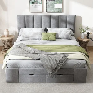Bed 140 x 200 cm, bekleed met velours lattenbodem, met rugleuning, met 4 laden, grijs