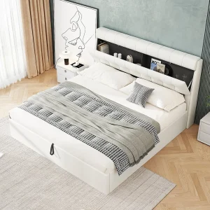 Bed met hydraulische bekleding 140×200, verborgen bergruimte aan het hoofdbord, bergruimte in bedstee met lattenbodem en hoofdbord, wit Bed met hydraulische bekleding 140×200, verborgen bergruimte aan het hoofdbord, bergruimte in bedstee met lattenbodem en hoofdbord, wit