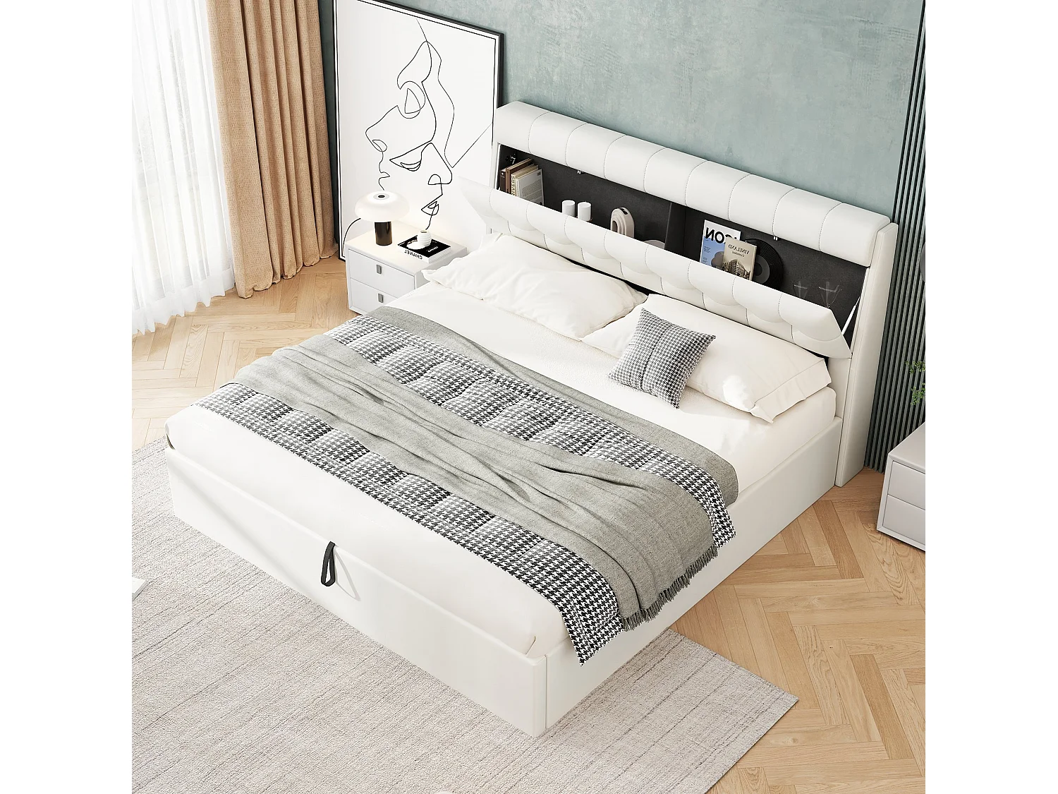 Bed 160*200 met stoffering, verborgen bergruimte aan het hoofdbord, opbergvak onder bed, PU, met lattenbodem en hoofdbord, wit