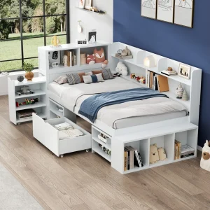 Bed 90 x 200 cm met opbergvakken, boekenkast en 1 lade – Multiplex – Wit (zonder matras) Bed 90 x 200 cm met opbergvakken, boekenkast en 1 lade – Multiplex – Wit (zonder matras)
