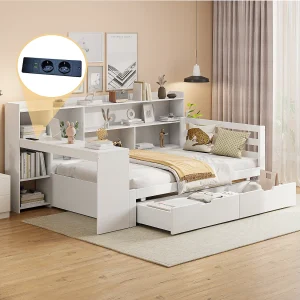 Bed 90 x 200 cm met hoofdbord en 2 lades – bureau, opbergvakken en USB-aansluitingen – Grenen + multiplex + MDF – Wit Bed 90 x 200 cm met hoofdbord en 2 lades – bureau, opbergvakken en USB-aansluitingen – Grenen + multiplex + MDF – Wit