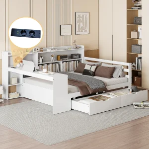Bed 140 x 200 cm met hoofdbord en 2 lades – bureau, opbergvakken en USB-aansluitingen – Grenen + multiplex + MDF – Wit