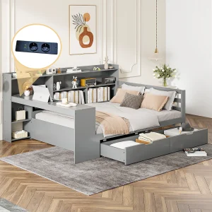 Bed 140 x 200 cm met hoofdbord en 2 lades – bureau, opbergvakken en USB-aansluitingen – Grenen + multiplex + MDF – Grijs