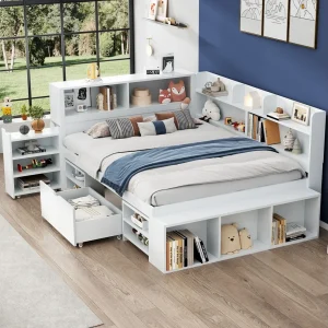 Bed 140 x 200 cm met opbergvakken, boekenkast en 1 lade – Multiplex – Wit (zonder matras)