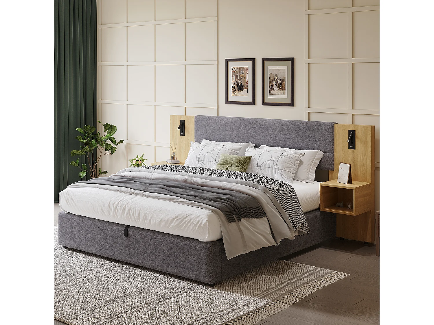 Bed met opbergruimte 180 x 200 cm met groot hoofdeinde en 2 nachtkastjes - USB-aansluiting en 2 leeslampjes - Hout en fluweel - Grijs + naturel (zonder matras)
