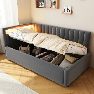 Bed met opbergruimte 90 x 200 cm met verwisselbaar hoofdeinde – LED's – Fluweel – Donkergrijs Bed met opbergruimte 90 x 200 cm met verwisselbaar hoofdeinde – LED's – Fluweel – Donkergrijs