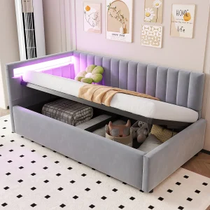 Bed met opbergruimte 90 x 200 cm met verwisselbaar hoofdeinde – LED's – Fluweel – Lichtgrijs Bed met opbergruimte 90 x 200 cm met verwisselbaar hoofdeinde – LED's – Fluweel – Lichtgrijs