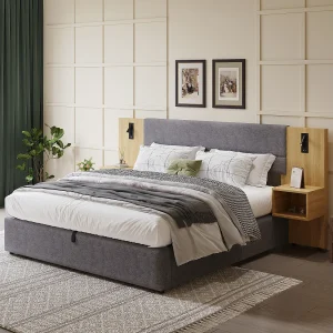 Bed met opbergruimte 160 x 200 cm met groot hoofdeinde en 2 nachtkastjes – USB-aansluiting en 2 leeslampjes – Hout en fluweel – Grijs + naturel (zonder matras)