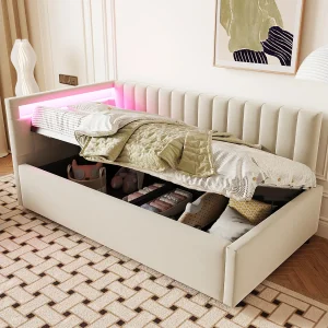 Bed met opbergruimte 90 x 200 cm met verwisselbaar hoofdeinde – LED's – Fluweel – Beige Bed met opbergruimte 90 x 200 cm met verwisselbaar hoofdeinde – LED's – Fluweel – Beige