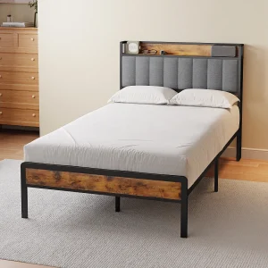 Bealife 120 x 200 cm metalen enkelbed met bekapte linnen hoofdkussen voor opbergen, lattenbodem, geschikt voor kinderen en adolescenten, zwart en lichtgrijs