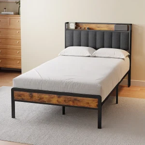 Bealife 120 x 200 cm metalen enkelbed met bekapte linnen hoofdkussen voor opbergen, lattenbodem, geschikt voor kinderen en adolescenten, zwart en donkergrijs