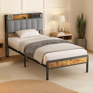 Bealife 90 x 200 cm metalen enkelbed met bekapte linnen hoofdkussen voor opbergen, lattenbodem, geschikt voor kinderen en adolescenten, zwart en lichtgrijs Bealife 90 x 200 cm metalen enkelbed met bekapte linnen hoofdkussen voor opbergen, lattenbodem, geschikt voor kinderen en adolescenten, zwart en lichtgrijs