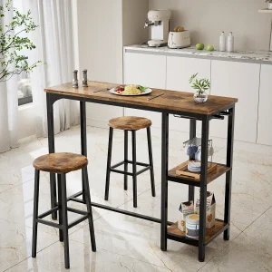 Bealife staande eettafel met 2 barstools, bar – en keukentafelenset, bruine staalframe Bealife staande eettafel met 2 barstools, bar – en keukentafelenset, bruine staalframe