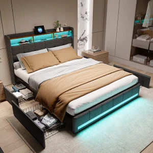 Bedbodem 160×200 LED en 2 USB, Type-C, gestoffeerd tweepersoonsbed met 4 lades, linnen, grijs Bedbodem 160×200 LED en 2 USB, Type-C, gestoffeerd tweepersoonsbed met 4 lades, linnen, grijs