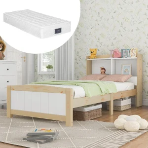 Bed met opberg-hoofdeinde en matras – 90×200 cm – van massief hout – eenpersoonsbed – Wit en Natuurlijk Bed met opberg-hoofdeinde en matras – 90×200 cm – van massief hout – eenpersoonsbed – Wit en Natuurlijk