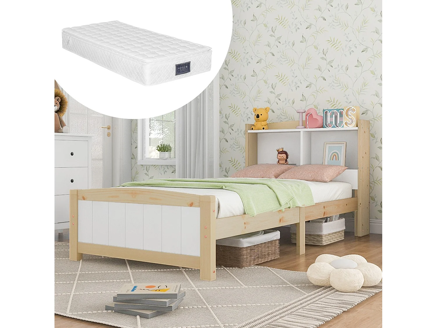 Bed met opberg-hoofdeinde en matras - 90x200 cm - van massief hout - eenpersoonsbed - Wit en Natuurlijk