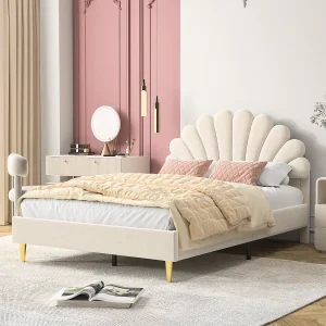 Bed 140*200cm, bloemblaadje Tweepersoonsbed, Met zacht hoofdeinde, beige, fluweel Bed 140*200cm, bloemblaadje Tweepersoonsbed, Met zacht hoofdeinde, beige, fluweel