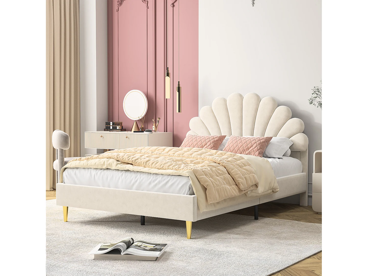 Bed 140*200cm, bloemblaadje Tweepersoonsbed, Met zacht hoofdeinde, beige, fluweel