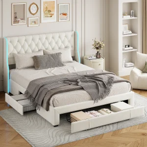 Bed 140*200cm met lades, met verlichting aan beide zijden, 3 ijzeren lades, fluweel, beige Bed 140*200cm met lades, met verlichting aan beide zijden, 3 ijzeren lades, fluweel, beige