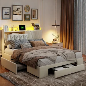Bedframe met lade 160*200cm, verlicht hoofdeinde, met opbergfunctie + oplaadaansluiting, beige, fluweel