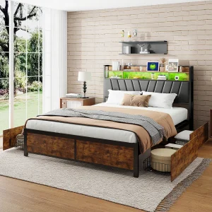 Bed van 140*200 cm in staal, hout en ijzer, met vier lades + bedlampje, Europese oplader, zwart Bed van 140*200 cm in staal, hout en ijzer, met vier lades + bedlampje, Europese oplader, zwart