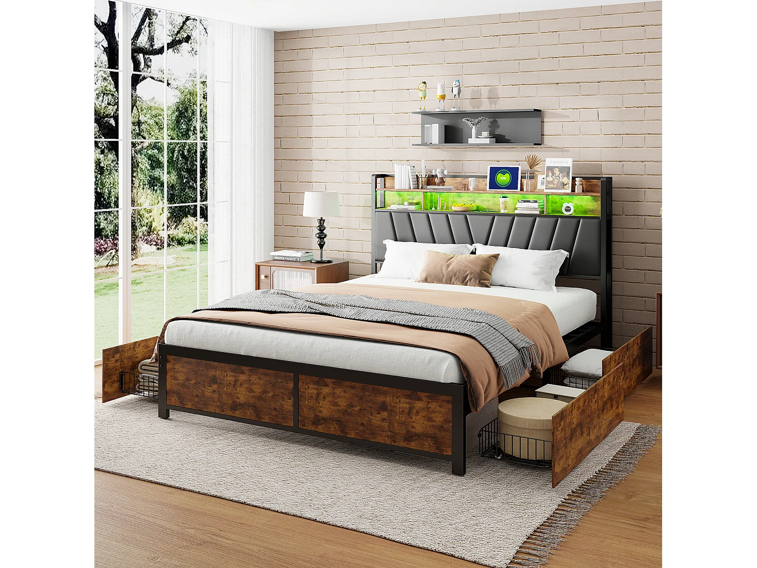 Bed van 140*200 cm in staal, hout en ijzer, met vier lades + bedlampje, Europese oplader, zwart