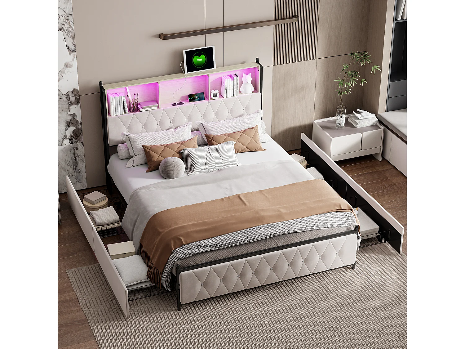 Bed 180*200cm met USB-aansluiting, LED-lichtstrip, nachtkastje met opbergruimte, 4 lades, beige fluweel