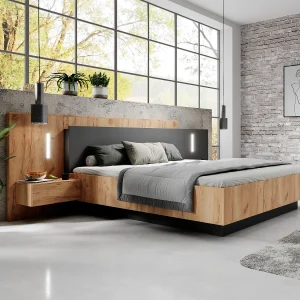 Bed met nachtkastjes – 2 lades – Met LED's – Kleur : Naturel en antraciet – FRANCOLI