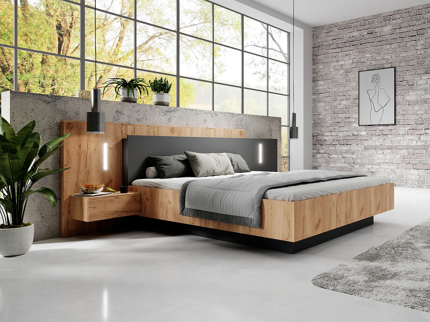 Bed met nachtkastjes - 2 lades - Met LED's - Kleur : Naturel en antraciet - FRANCOLI