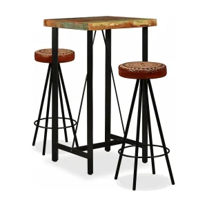 Barset massief gerecycled hout, echt leer en canvas 3-delig