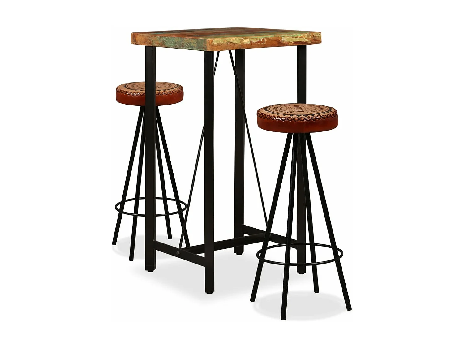Barset massief gerecycled hout, echt leer en canvas 3-delig