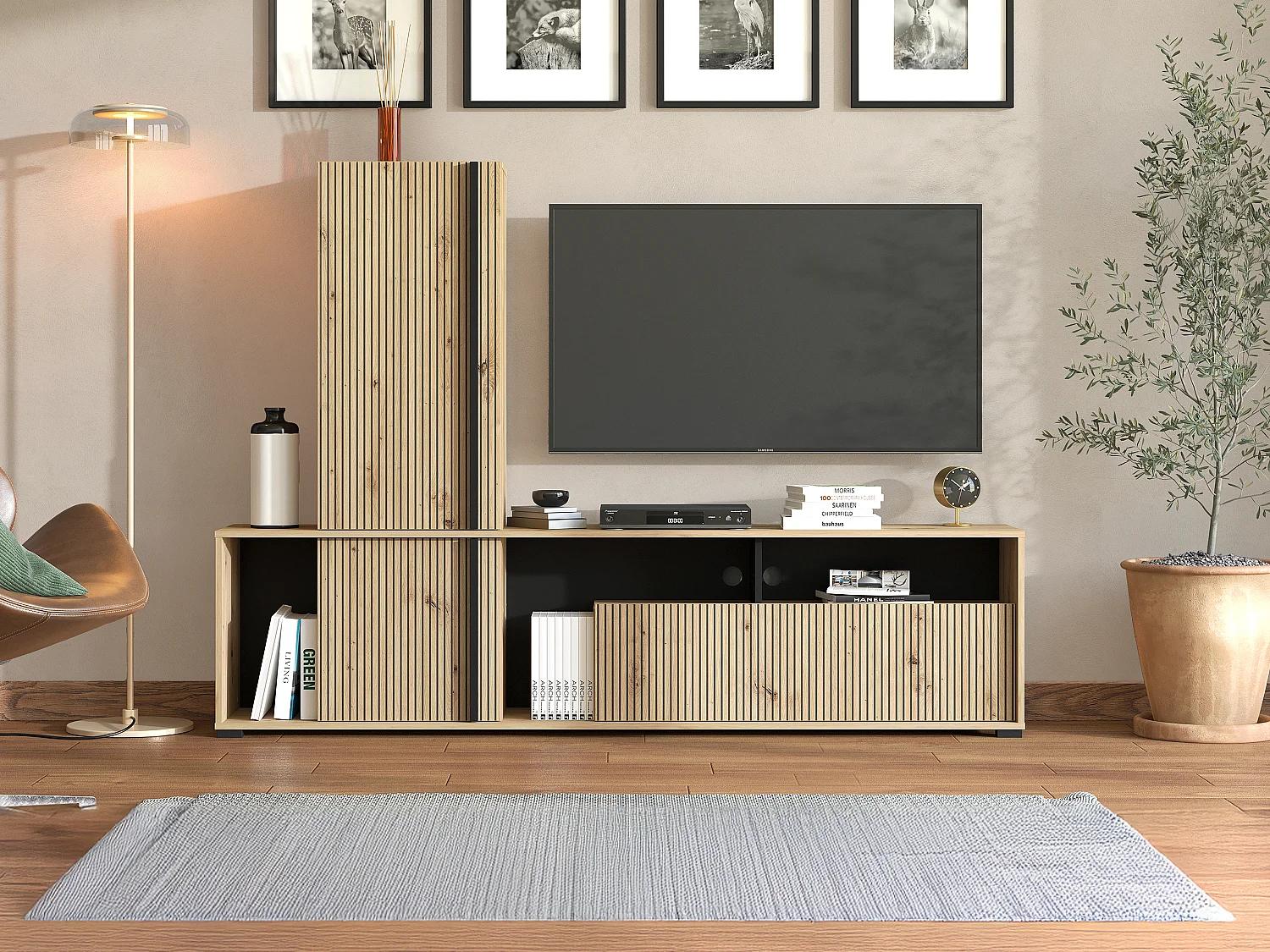 Tv-wand met 3 deurtjes en 3 vakken - Lichte houtlook en zwart - BELUTZY