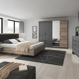 Bed met nachtkastje LAONILE – 160 x 200 cm – met LED's – Noten en antraciet – Koop nu
