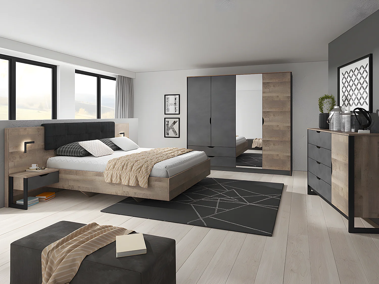 Bed met nachtkastje LAONILE - 160 x 200 cm - met LED's - Noten en antraciet - Koop nu
