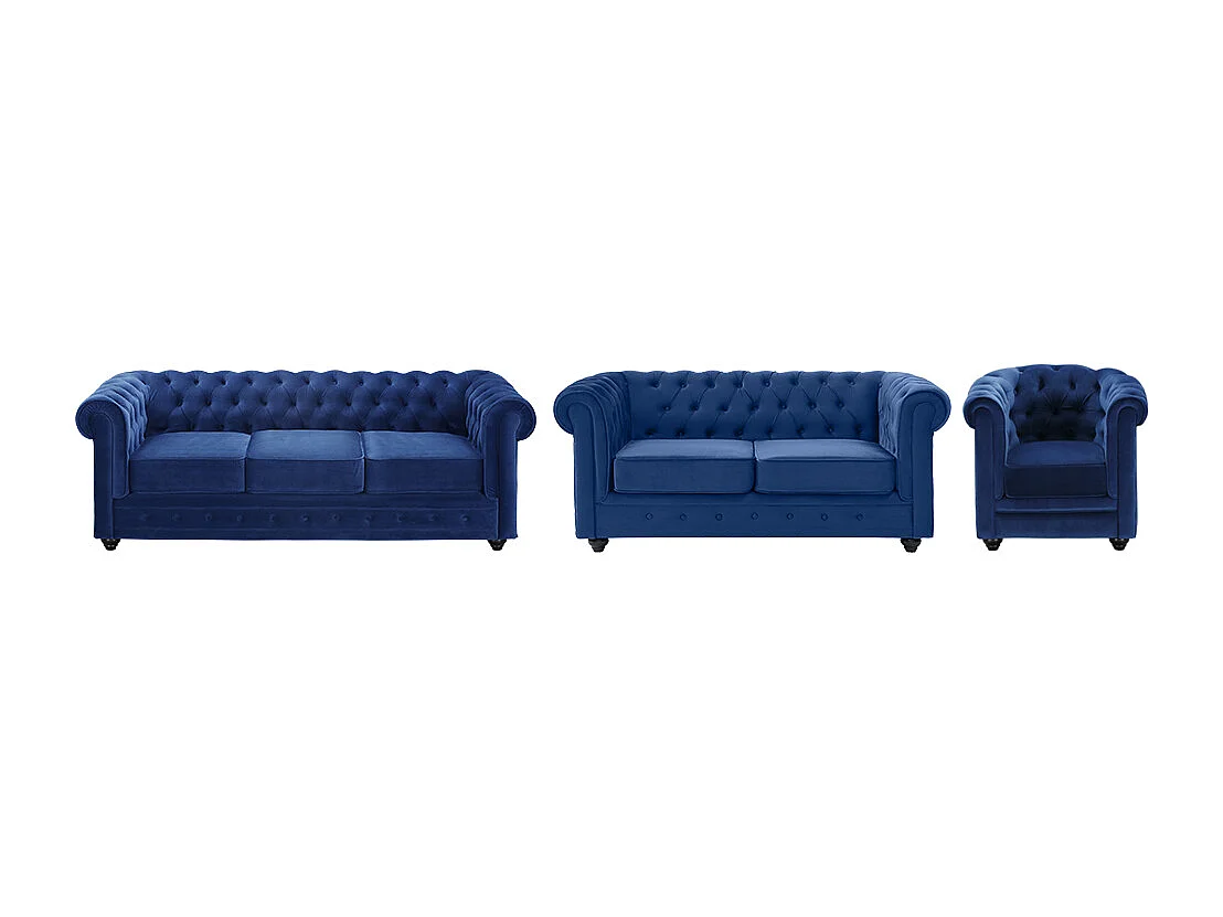 Bankstel en fauteuil CHESTERFIELD – Fluweel – Koningsblauw – Koop nu eenvoudig en goedkoop