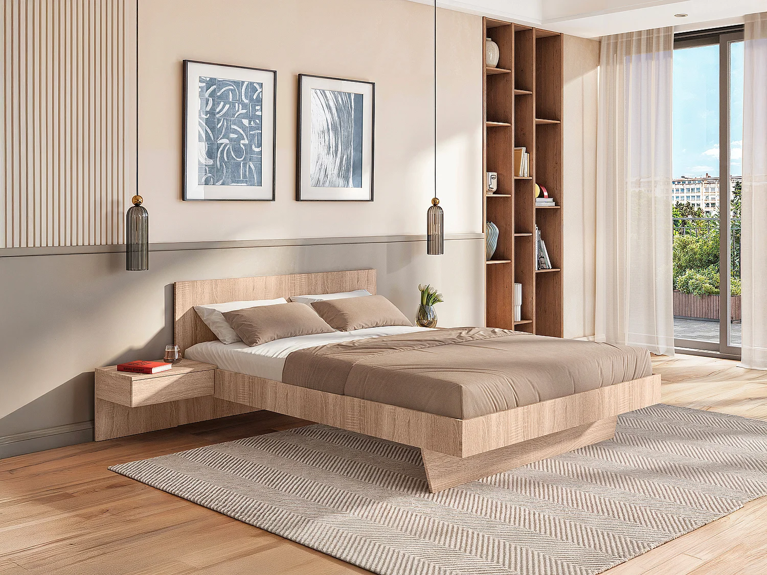 Bed met nachtkastjes 140 x 190 cm - Kleur: houtlook + matras - MARVELLOUS - Koop nu online