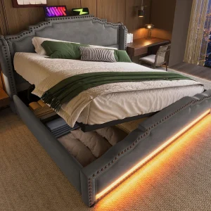 Opbergbed met stoffering 140 x 200 cm – Met USB-oplaadfunctie en LED-verlichting aan de bedpoten – Grijs Opbergbed met stoffering 140 x 200 cm – Met USB-oplaadfunctie en LED-verlichting aan de bedpoten – Grijs