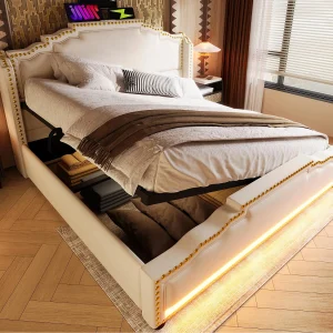 Opbergbed met stoffering 140 x 200 cm – Met USB-oplaadfunctie en LED-verlichting aan de bedpoten – Beige Opbergbed met stoffering 140 x 200 cm – Met USB-oplaadfunctie en LED-verlichting aan de bedpoten – Beige